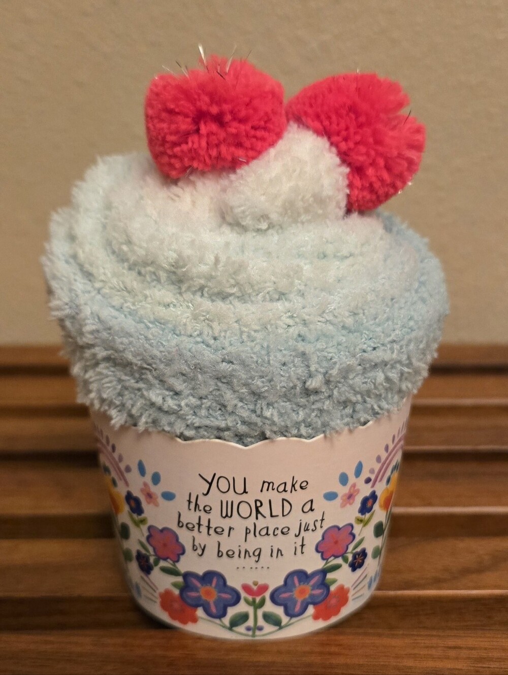 Natural Life Womens Light Blue White Ombre Plush Socks Pink Pom Cute Cozy Gift